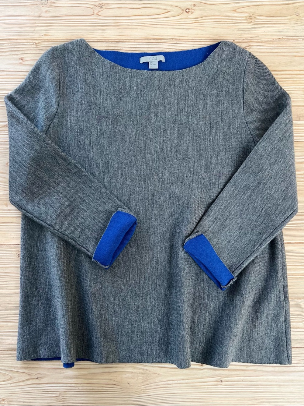 COS Gray Wool Sweater Cobalt Blue Contrast Size Small
